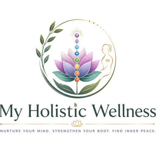 My Holistic Wellness logo featuring a lotus flower, chakra-inspired design, and wellness branding focused on mind, body, and inner peace.